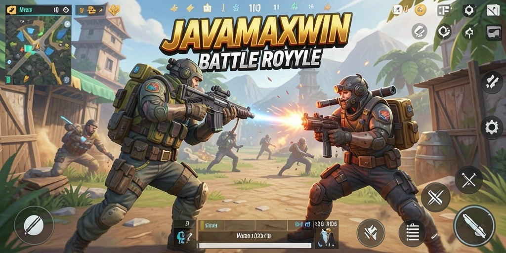 Screenshot utama JAVAMAXWIN menampilkan aksi pertarungan di arena Battle Royale.