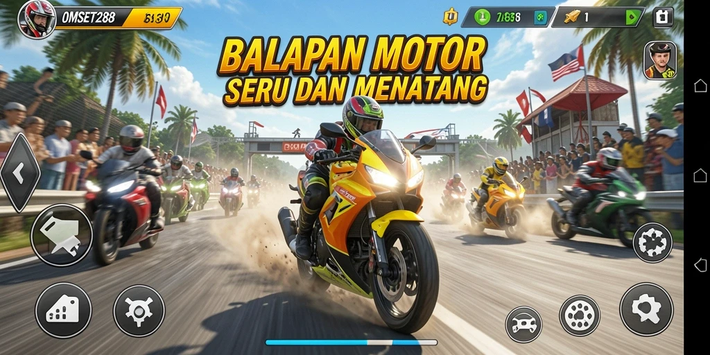 Tampilan gameplay menegangkan dari OMSET288 saat berlomba di lintasan.