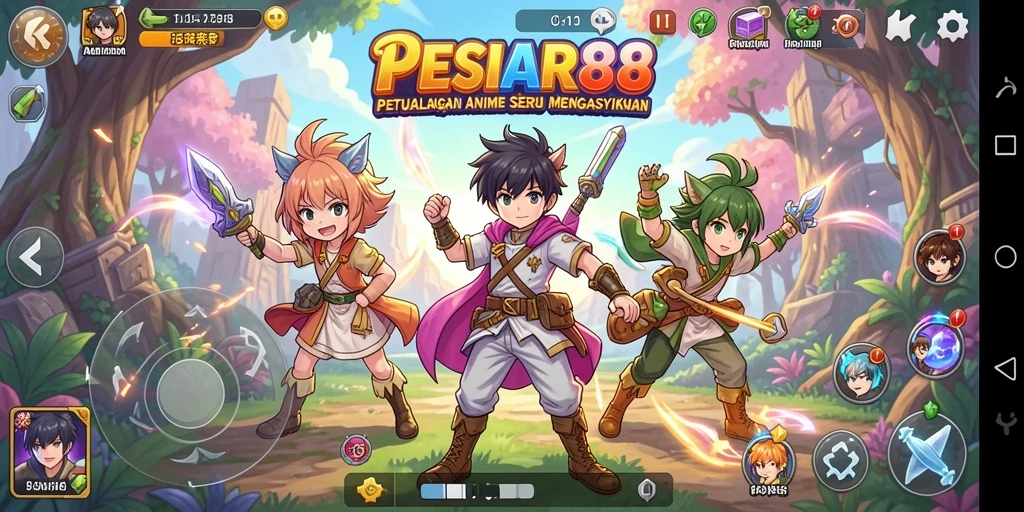 Screenshot utama PESIAR88 menampilkan karakter anime dalam aksi seru.