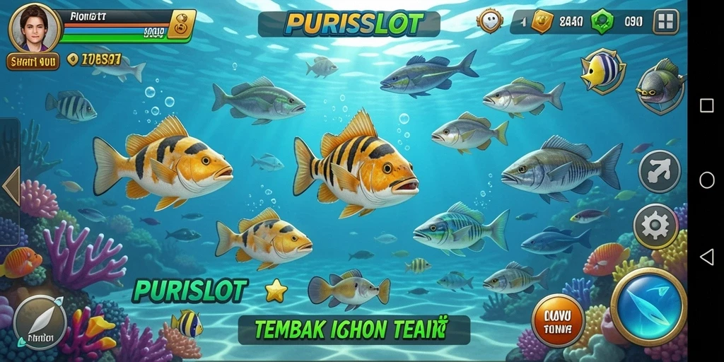 Screenshot gameplay PURISLOT yang menampilkan momen seru menembak ikan.