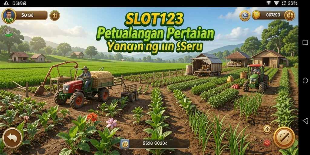 Screenshot gameplay SLOT123 menampilkan kebun yang indah dan hewan ternak yang ceria.