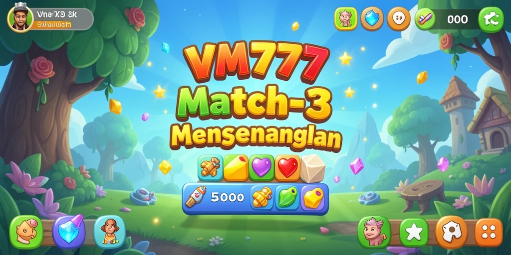 Tampilan gameplay menegangkan di VM777 dengan elemen Match-3 yang penuh warna.